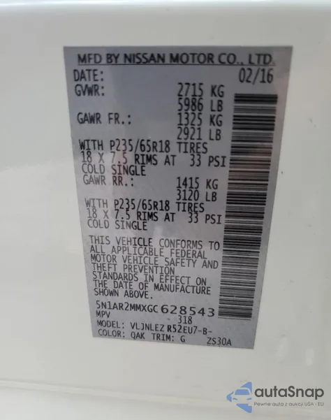 2016 Nissan Pathfinder S z USA, uszkodzony, nr VIN 5N1AR2MMXGC628543